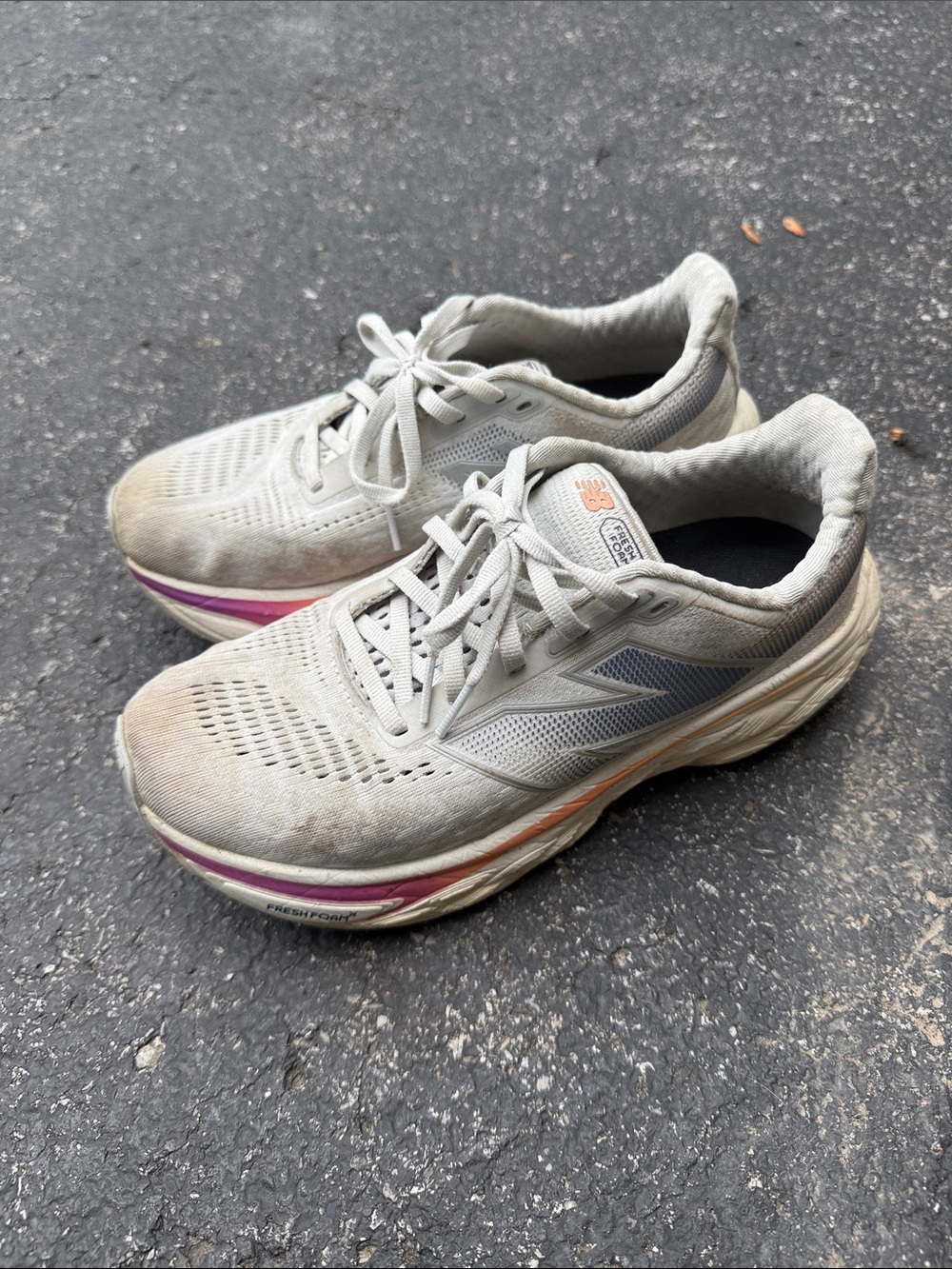 New Balance Women’s 1080 Light Gray and Pink-Orange Accent Athletic Sneakers